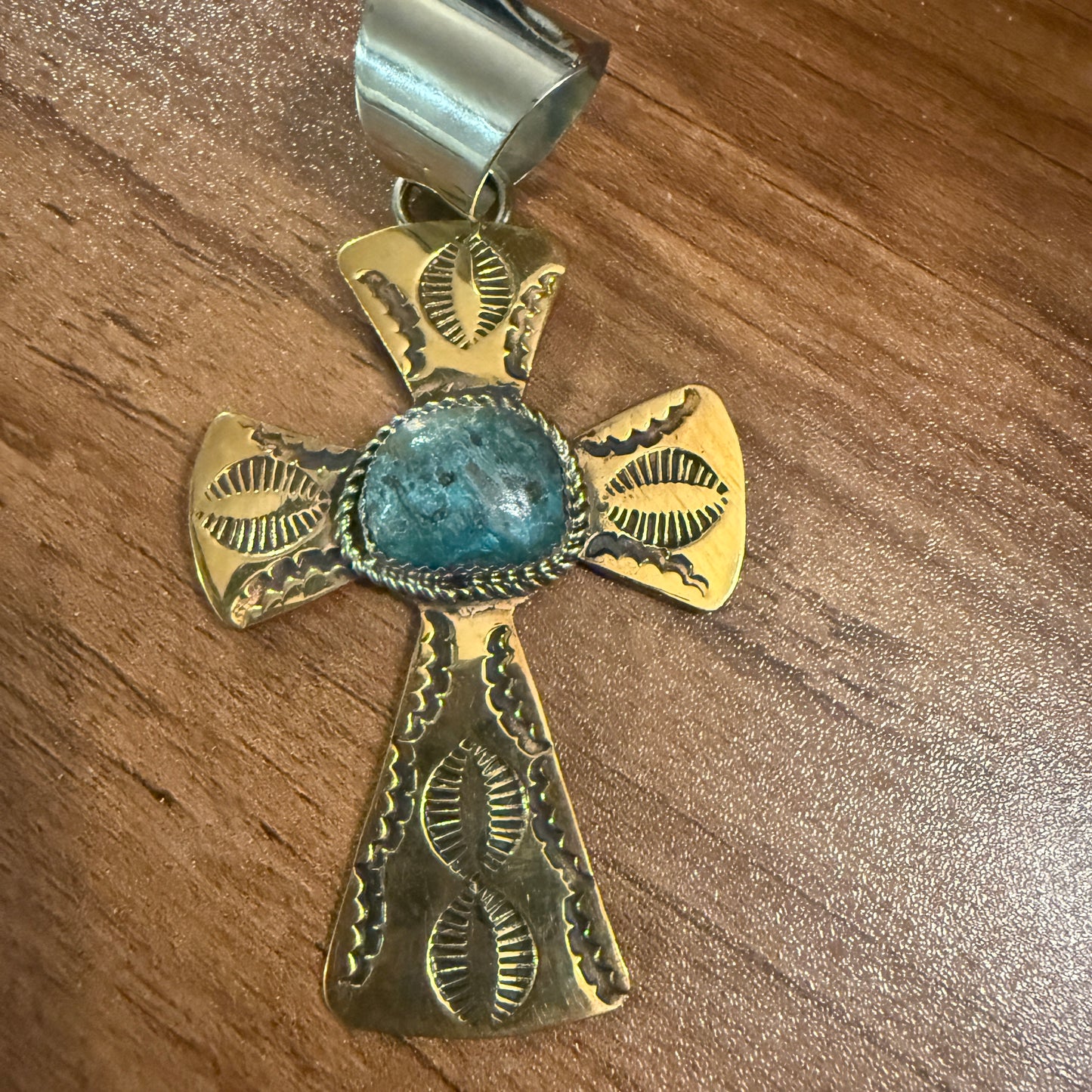 Native American Brass and Kingman Turquoise Cross Pendant Signed by Cleveland