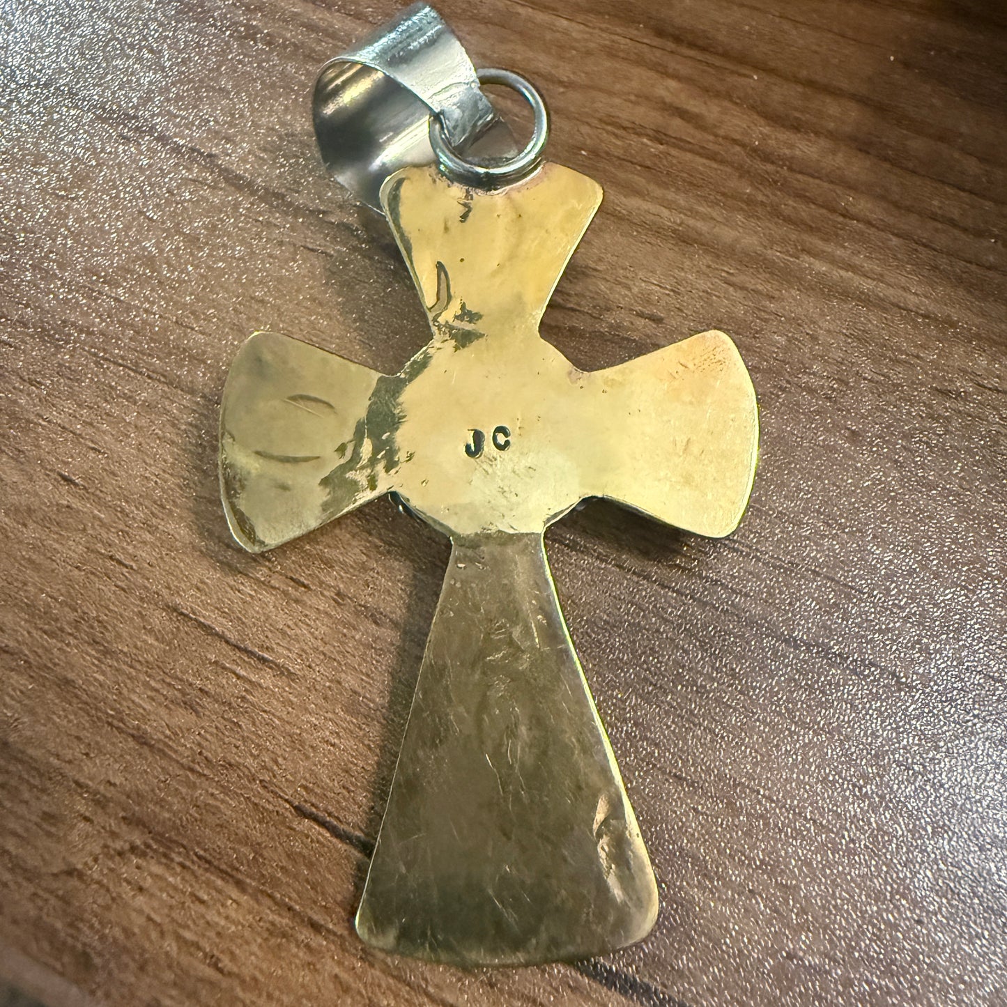 Native American Brass and Kingman Turquoise Cross Pendant Signed by Cleveland