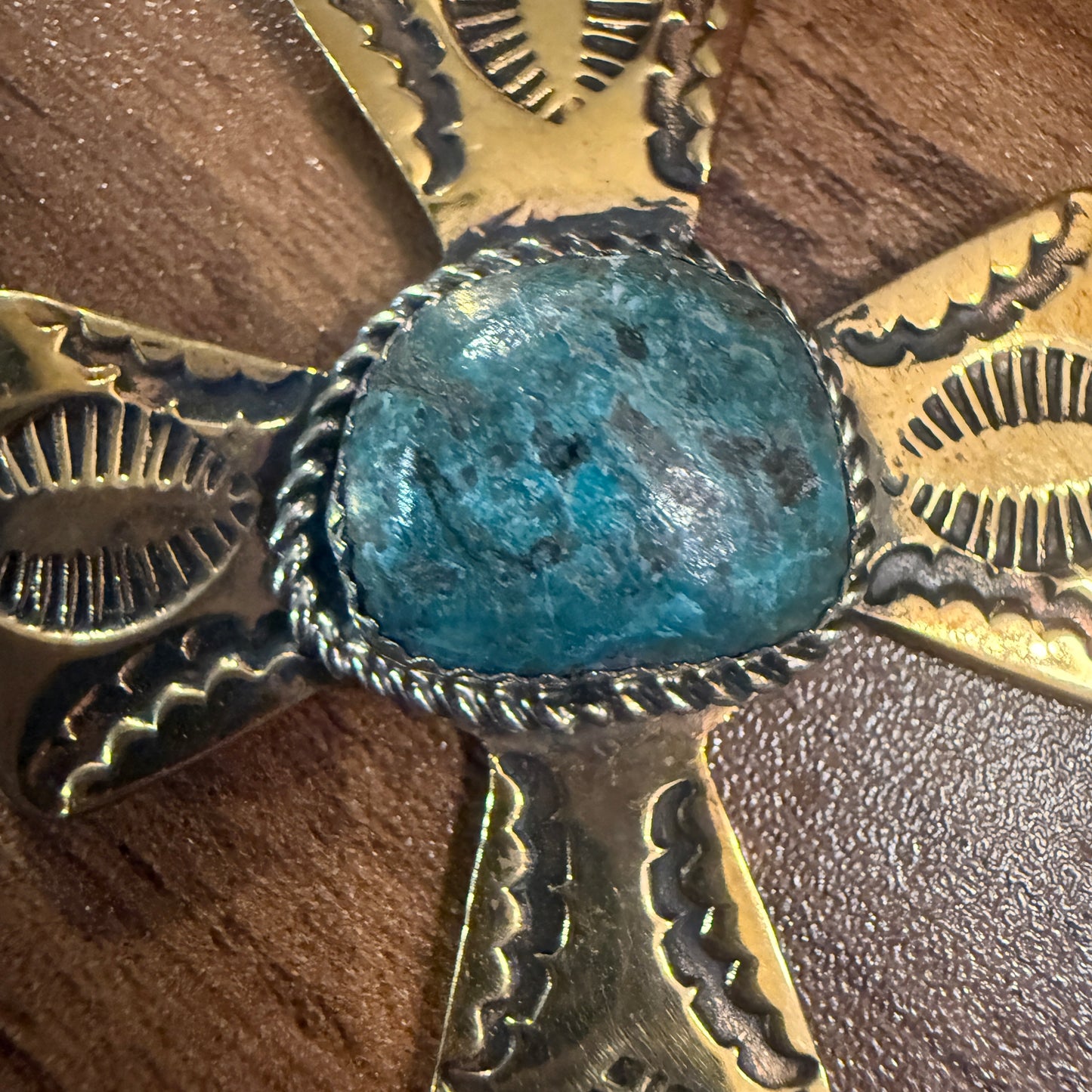 Native American Brass and Kingman Turquoise Cross Pendant Signed by Cleveland