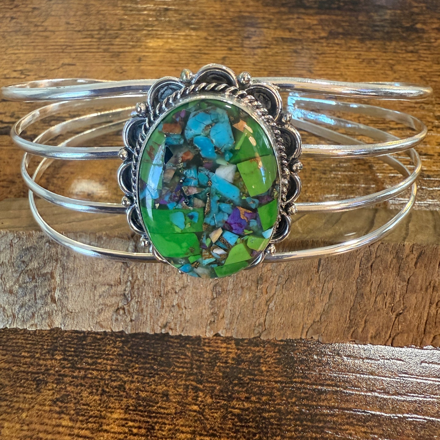 Kingman Turquoise Gemstone Cuff Bangle 925 Silver Adjustable Handmade