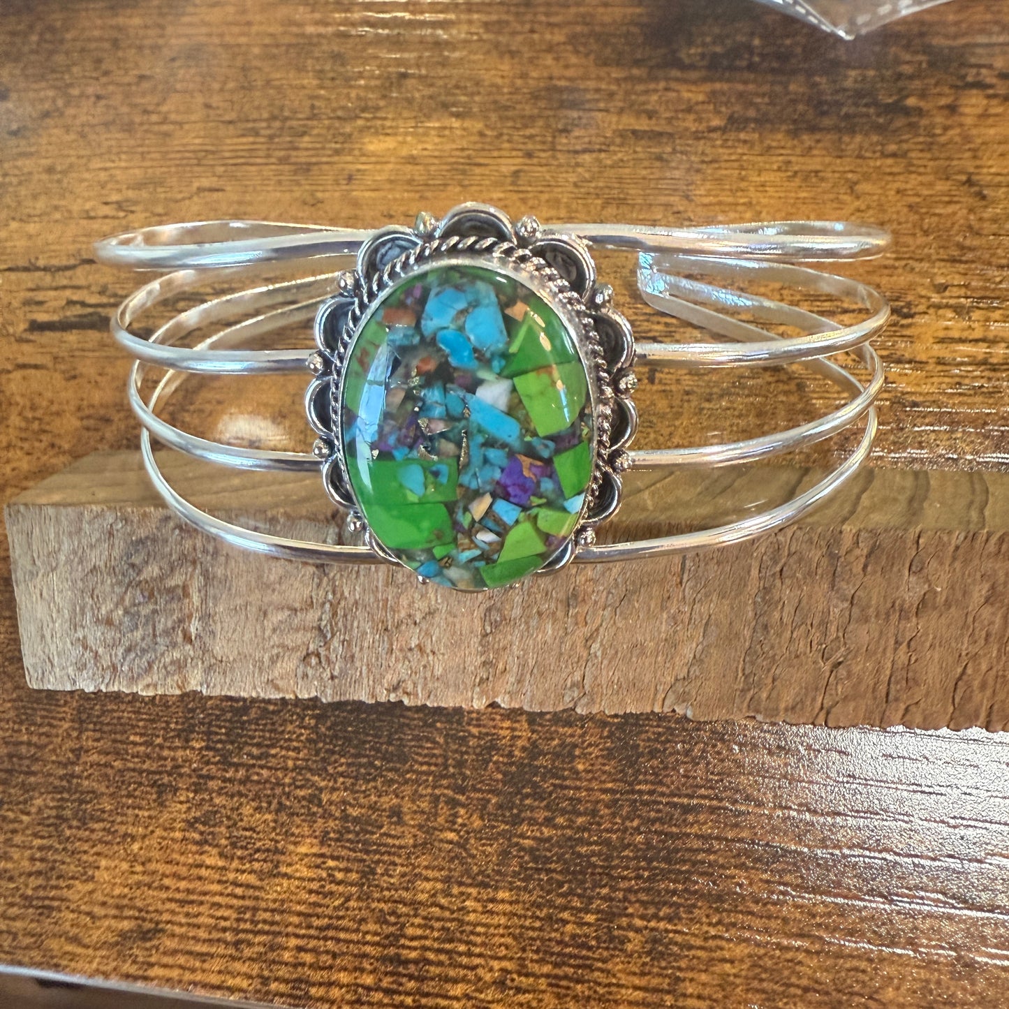 Kingman Turquoise Gemstone Cuff Bangle 925 Silver Adjustable Handmade