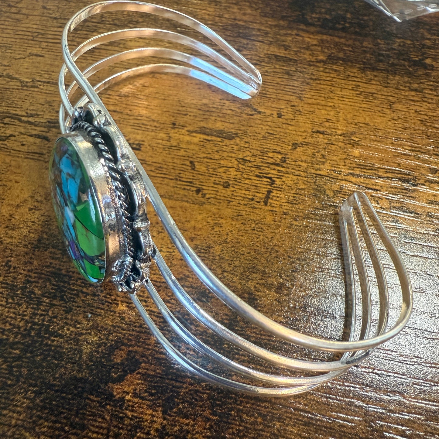 Kingman Turquoise Gemstone Cuff Bangle 925 Silver Adjustable Handmade