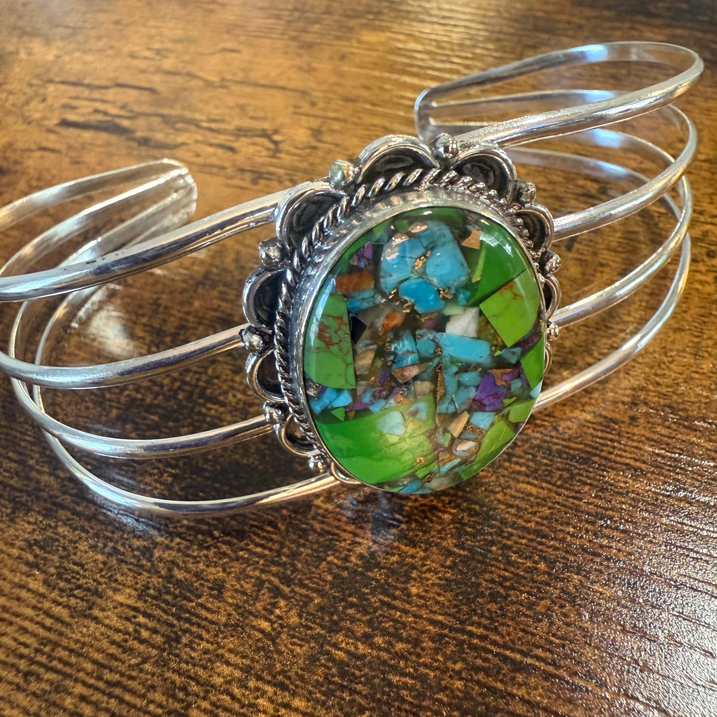Kingman Turquoise Gemstone Cuff Bangle 925 Silver Adjustable Handmade