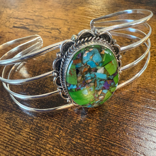 Kingman Turquoise Gemstone Cuff Bangle 925 Silver Adjustable Handmade