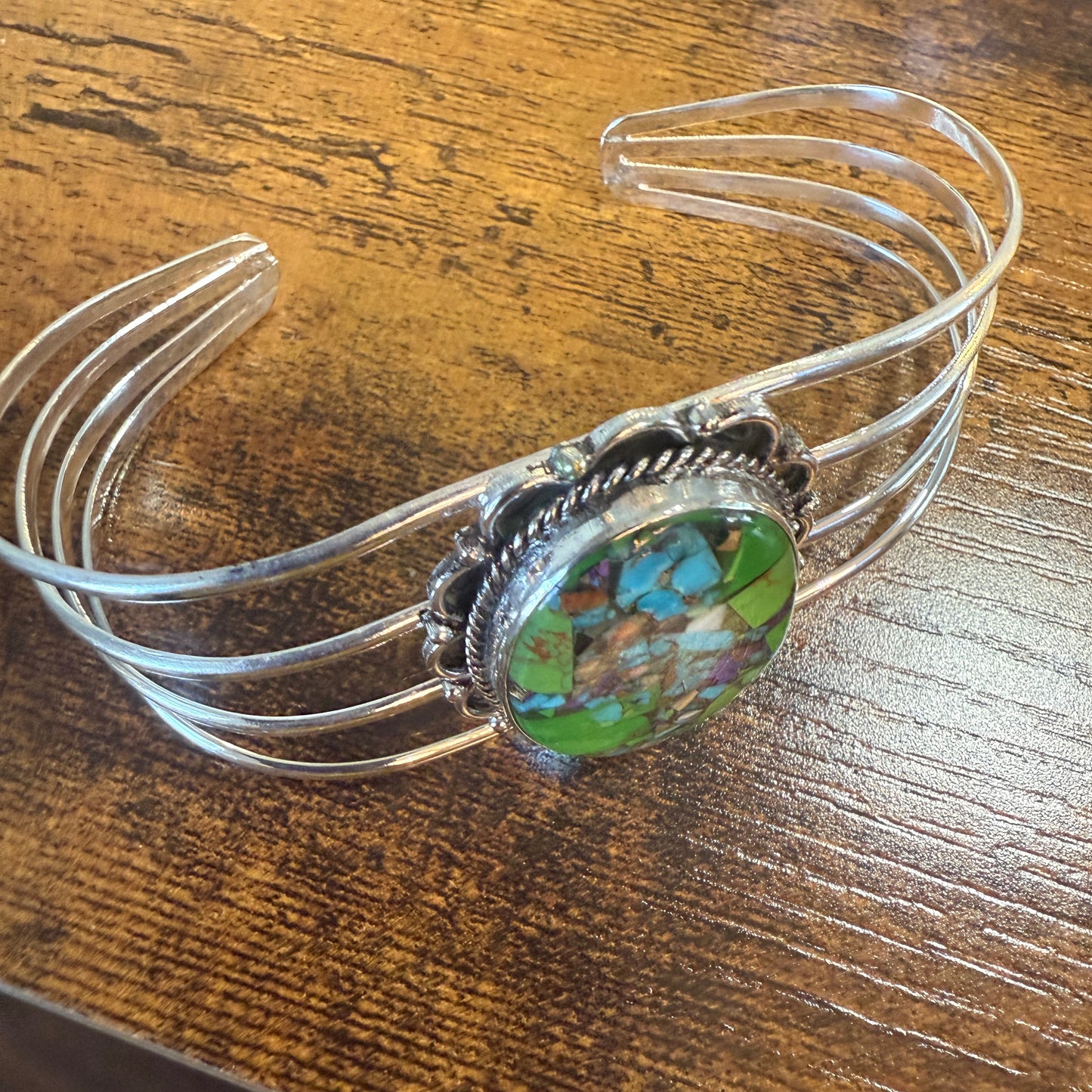 Kingman Turquoise Gemstone Cuff Bangle 925 Silver Adjustable Handmade