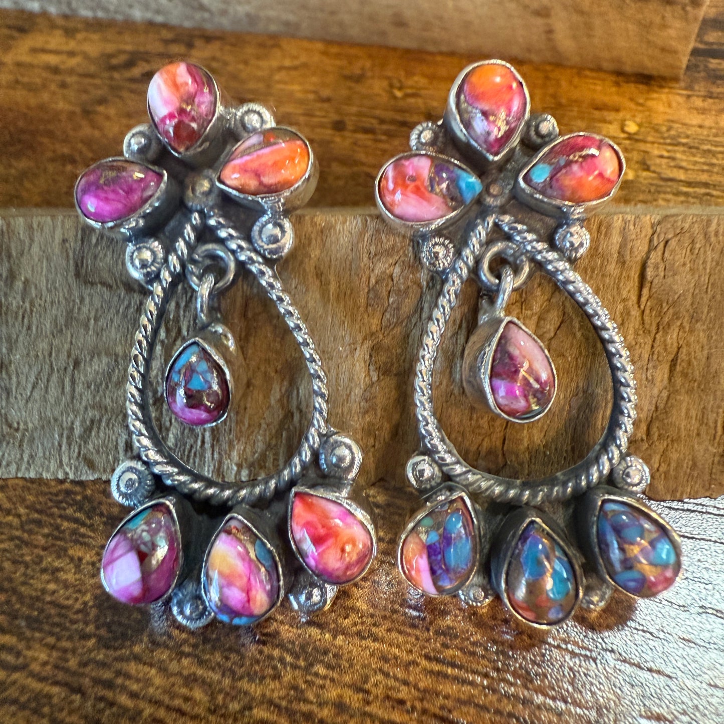 Red Rose Dahlia Gemstone Earrings 14 Stones Handmade 925 Sterling Silver