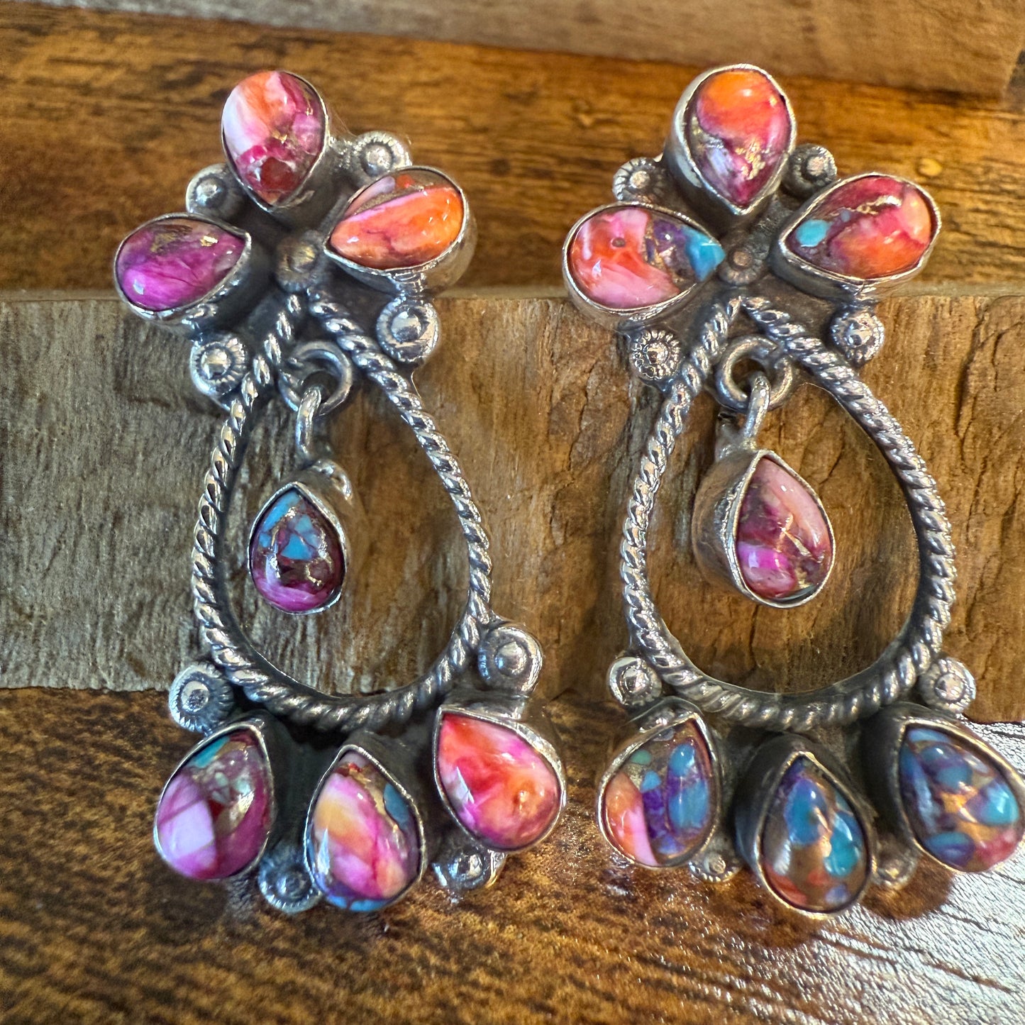 Red Rose Dahlia Gemstone Earrings 14 Stones Handmade 925 Sterling Silver