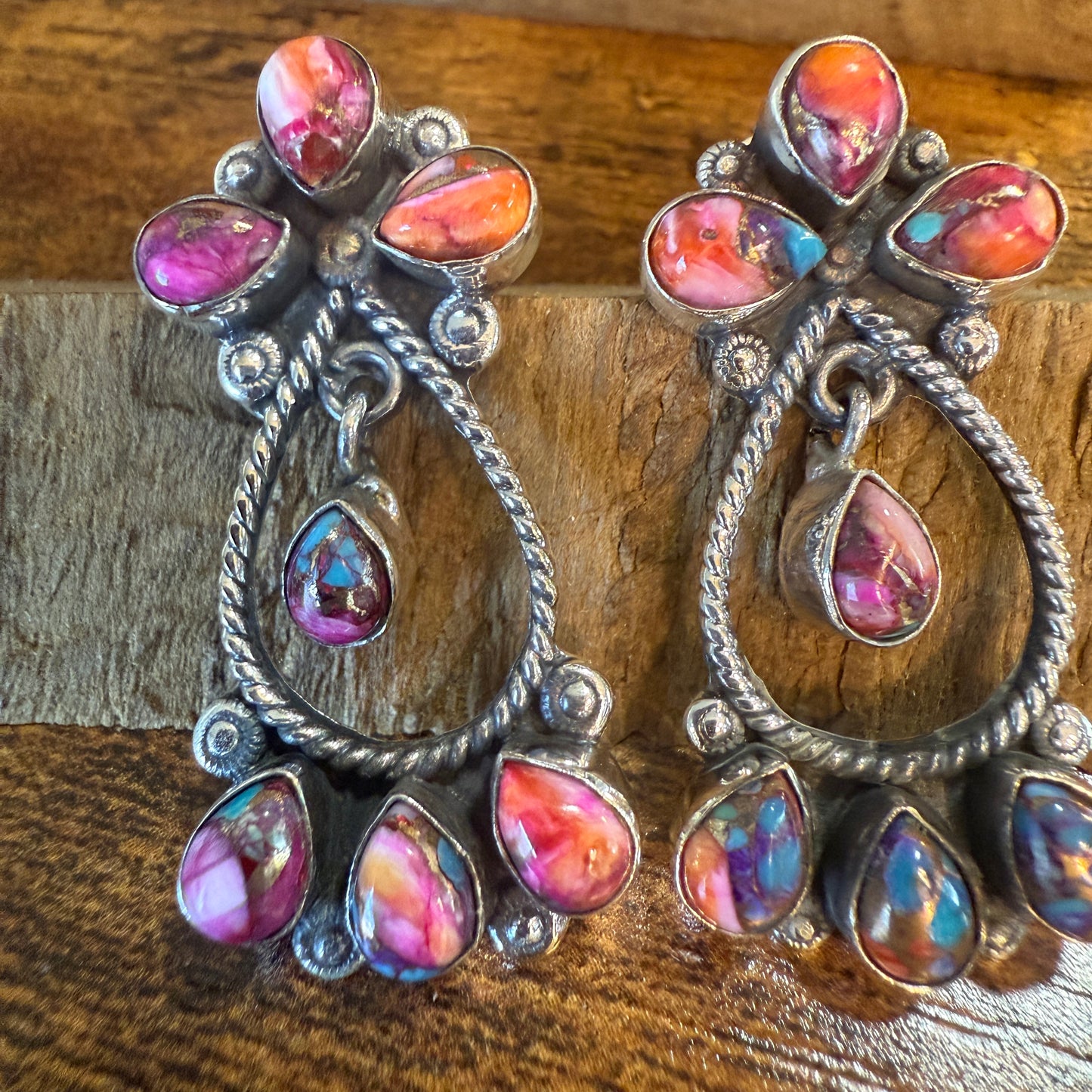 Red Rose Dahlia Gemstone Earrings 14 Stones Handmade 925 Sterling Silver