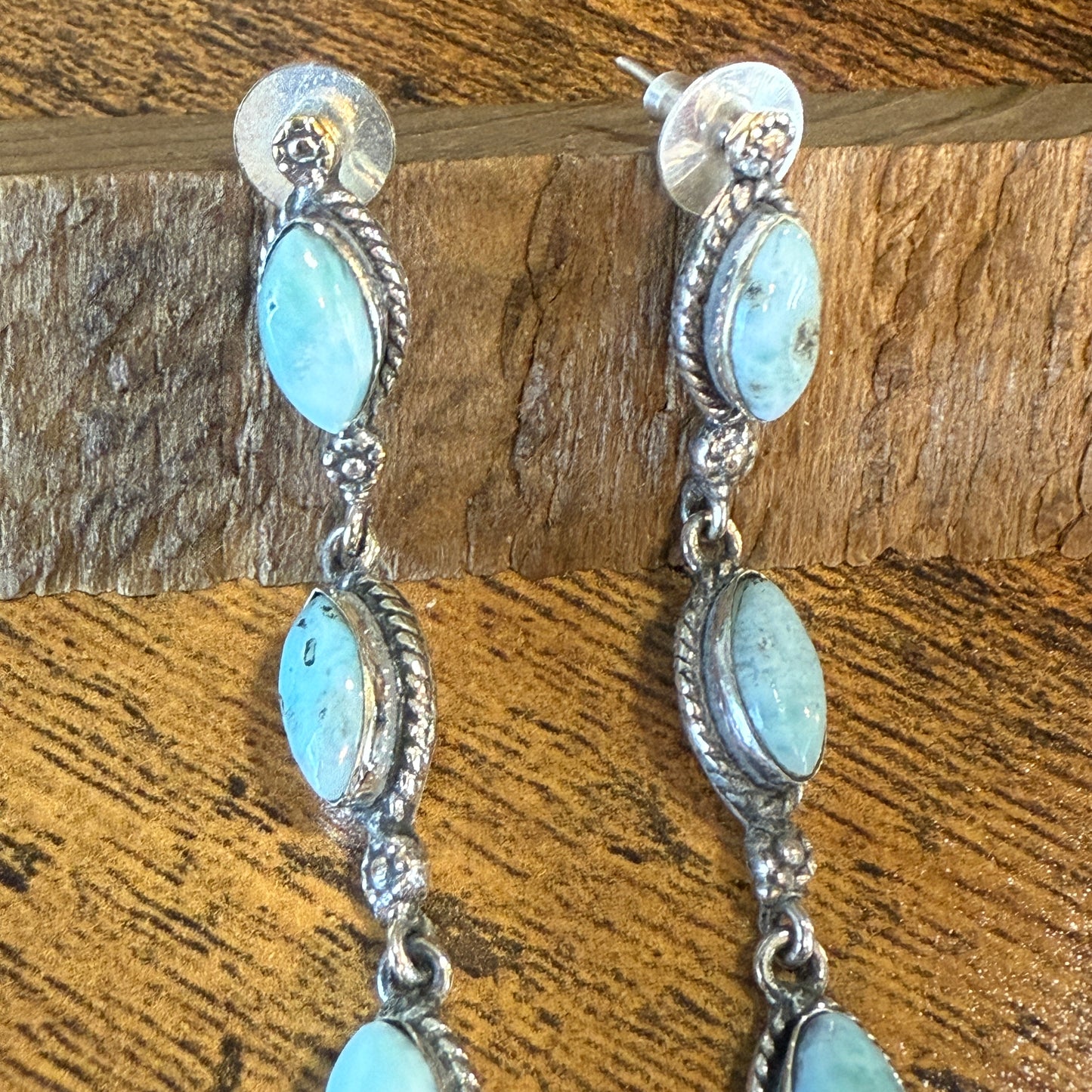 Larimar Gemstone Sterling Silver Handmade Stud Earrings 4.5 Inches Long