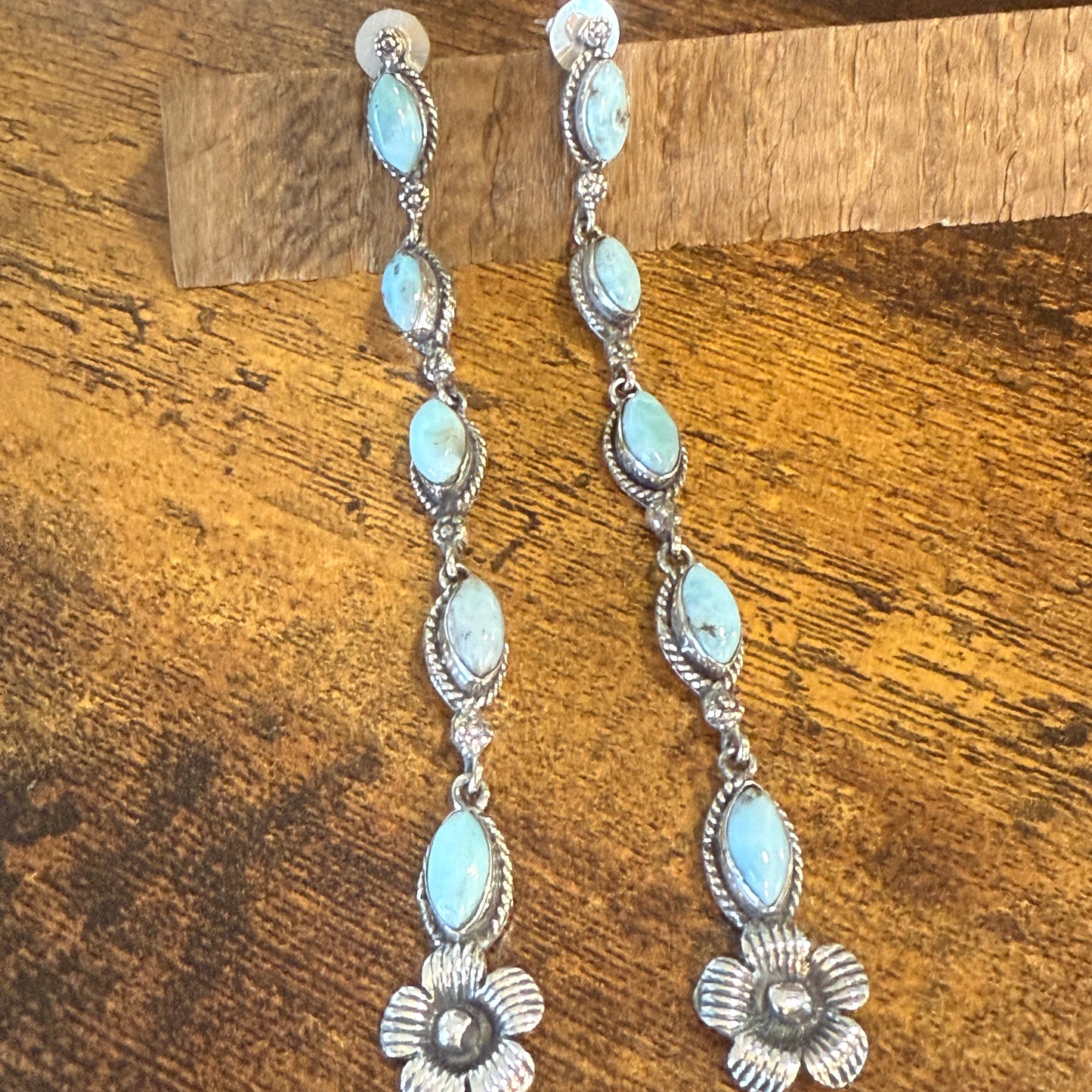 Larimar Gemstone Sterling Silver Handmade Stud Earrings 4.5 Inches Long