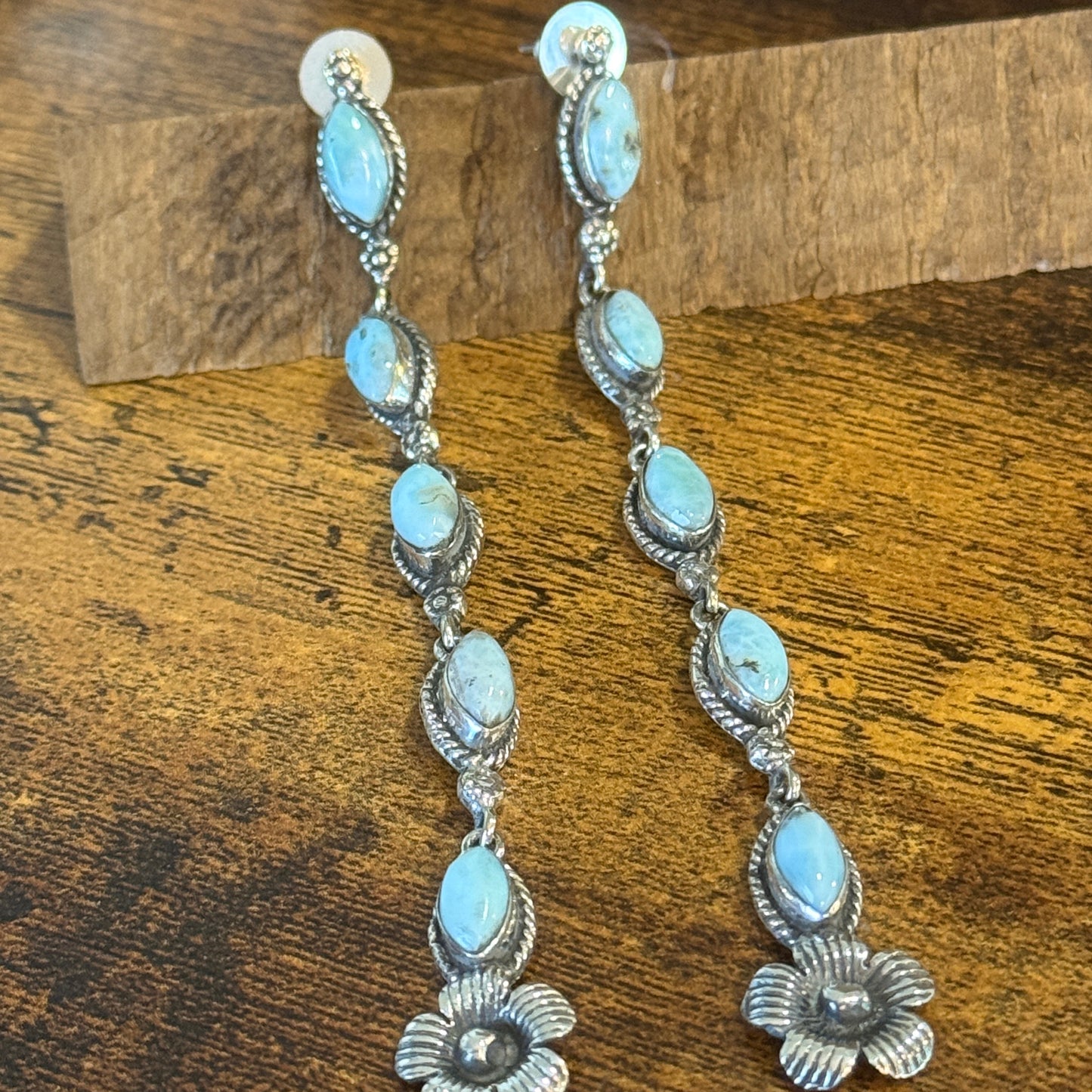 Larimar Gemstone Sterling Silver Handmade Stud Earrings 4.5 Inches Long