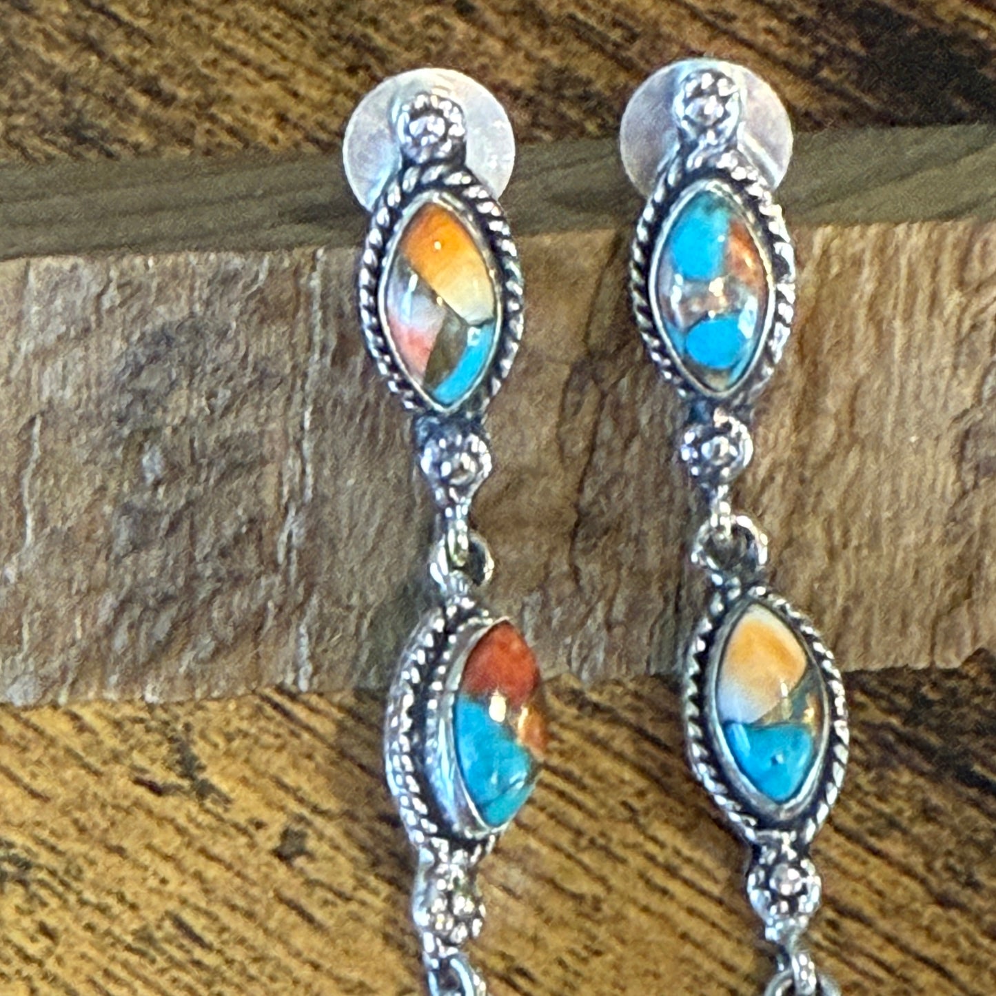 Spiny Oyster Turquoise Sterling Silver Handmade Stud Earrings 4.5 Inches