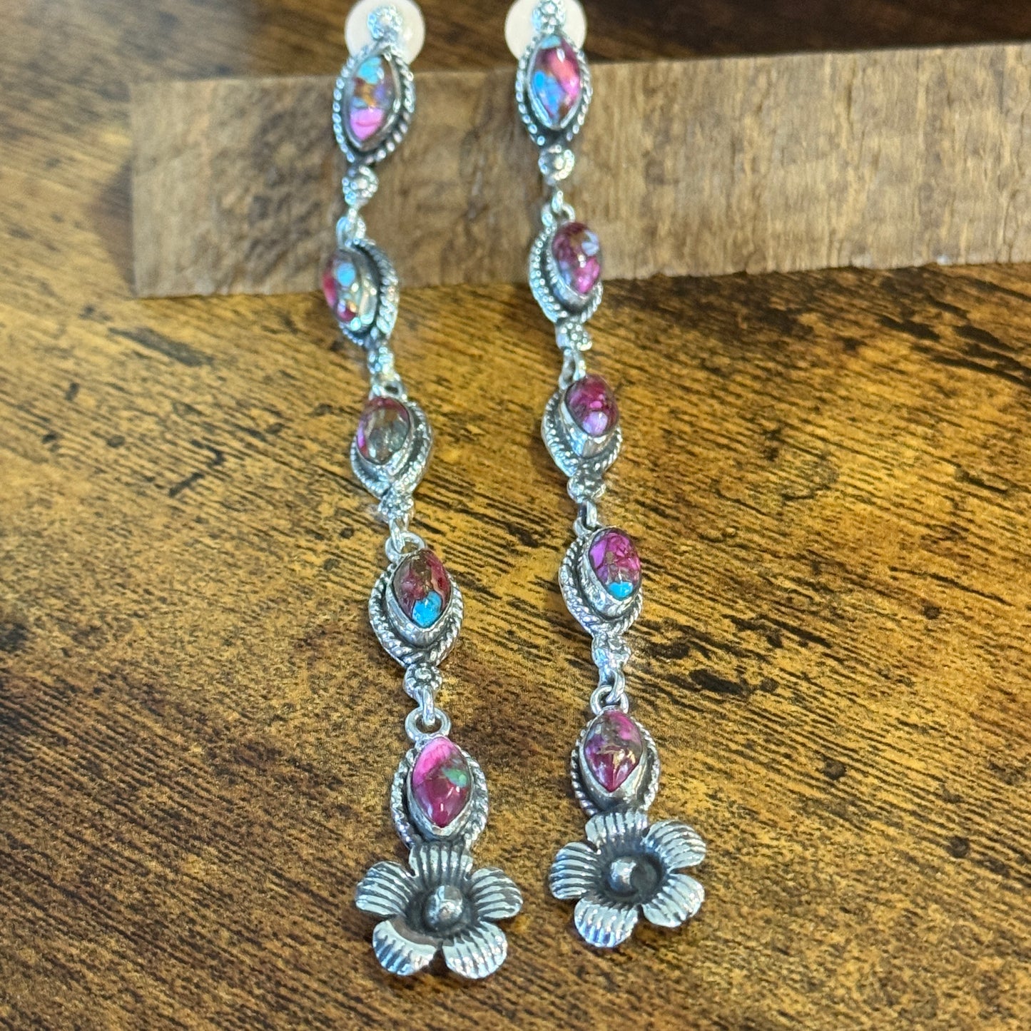 Kingman Pink Dahlia Turquoise Gemstone Sterling Silver Stud Earrings