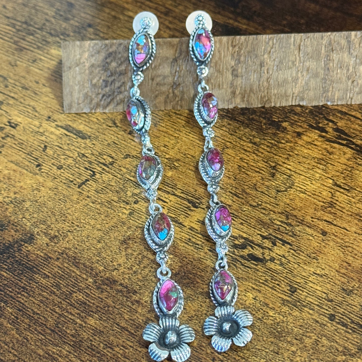 Kingman Pink Dahlia Turquoise Gemstone Sterling Silver Stud Earrings