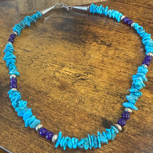 Navajo Turquoise And Lapis Nugget Necklace 20 Inch Sterling Silver I John