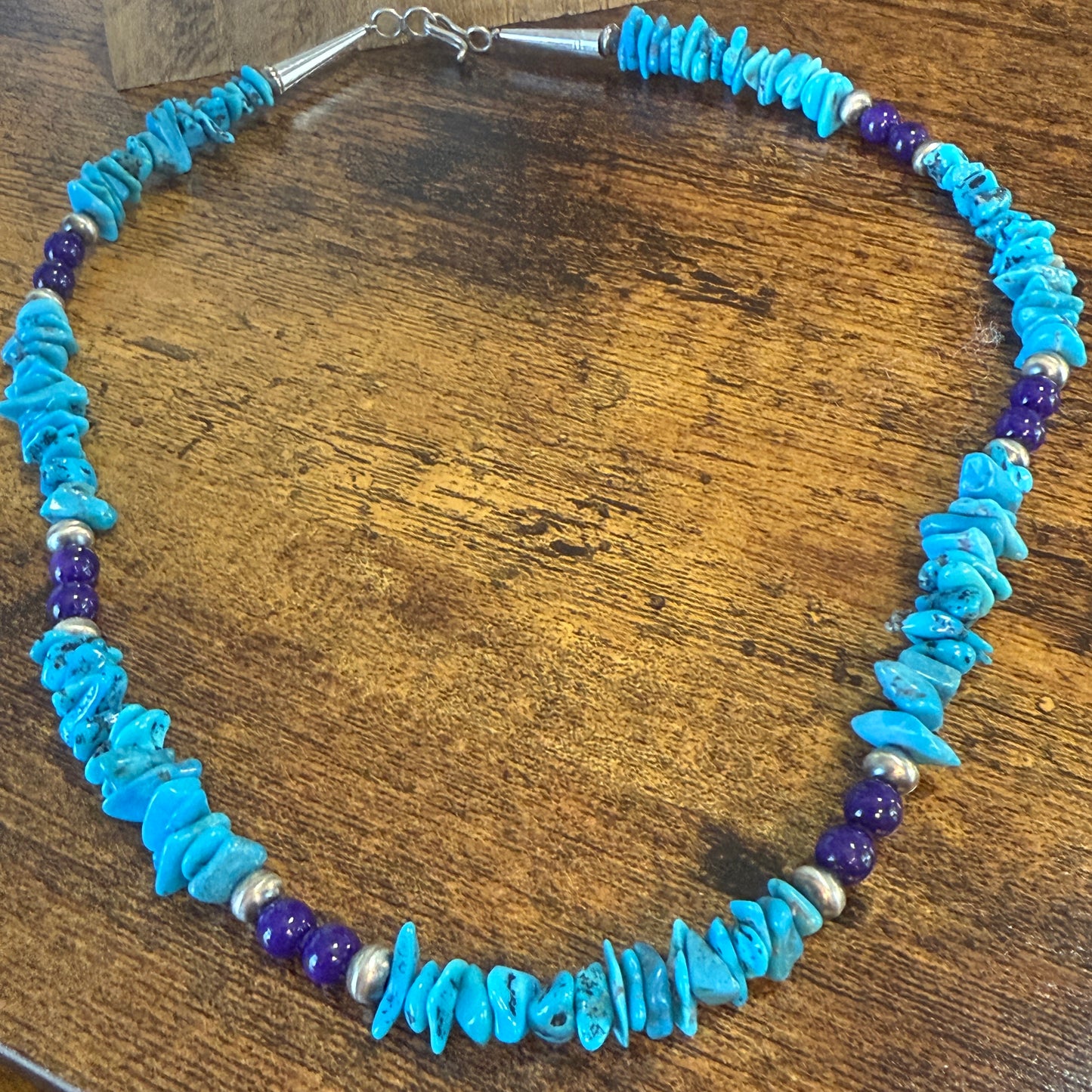 Navajo Turquoise And Lapis Nugget Necklace 20 Inch Sterling Silver I John