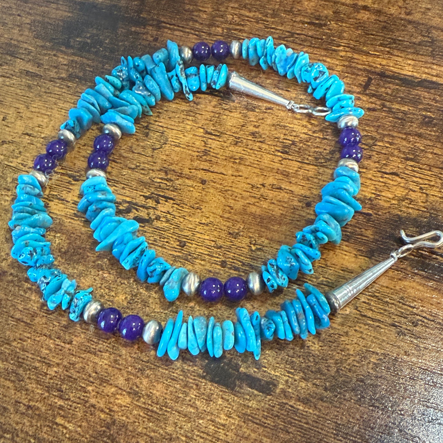 Navajo Turquoise And Lapis Nugget Necklace 20 Inch Sterling Silver I John