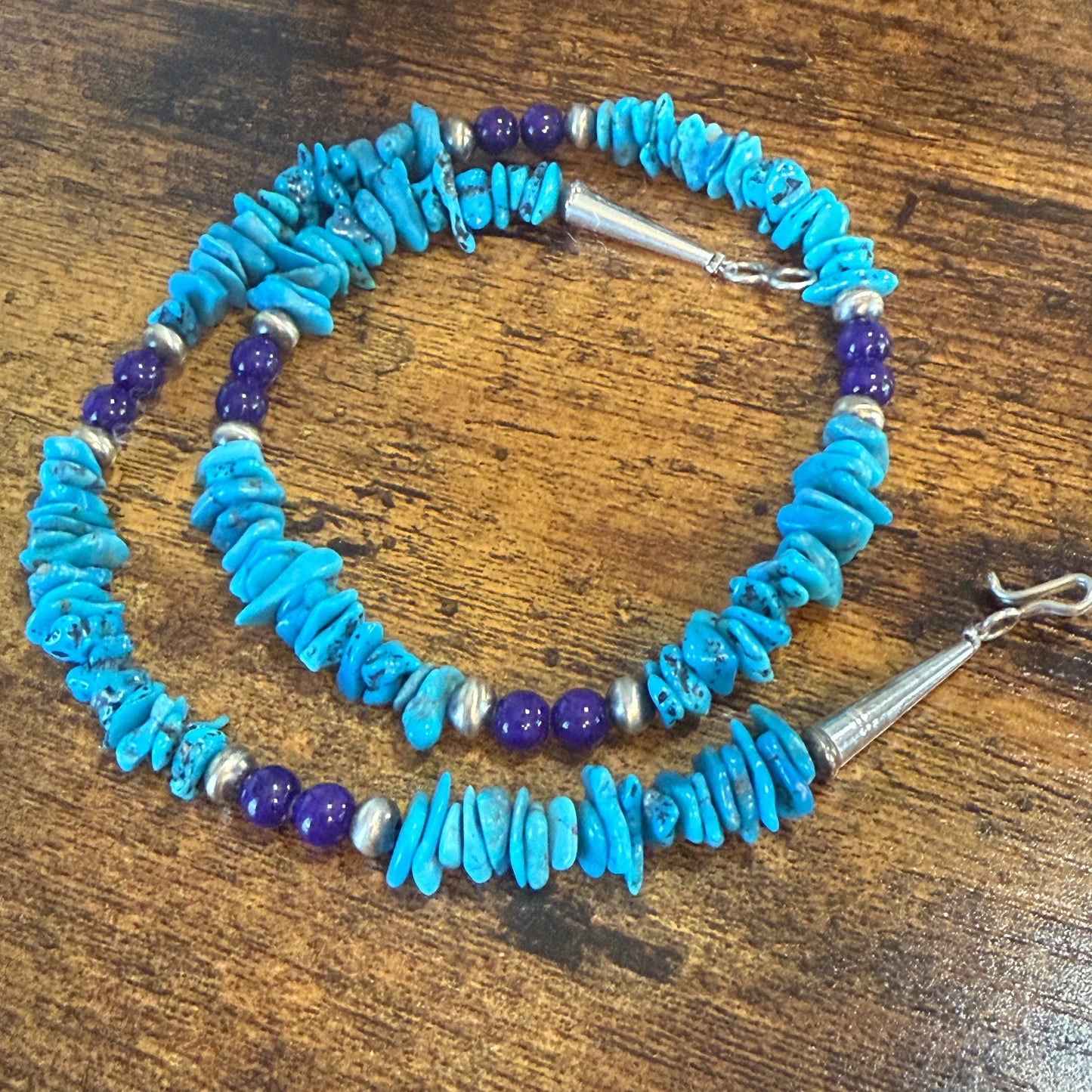 Navajo Turquoise And Lapis Nugget Necklace 20 Inch Sterling Silver I John