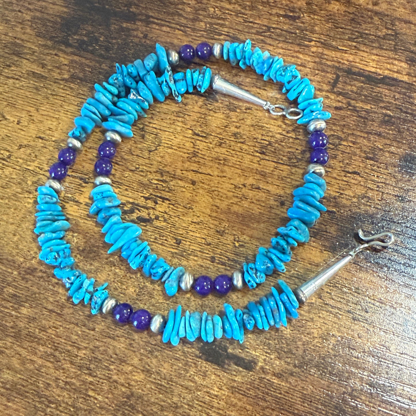 Navajo Turquoise And Lapis Nugget Necklace 20 Inch Sterling Silver I John