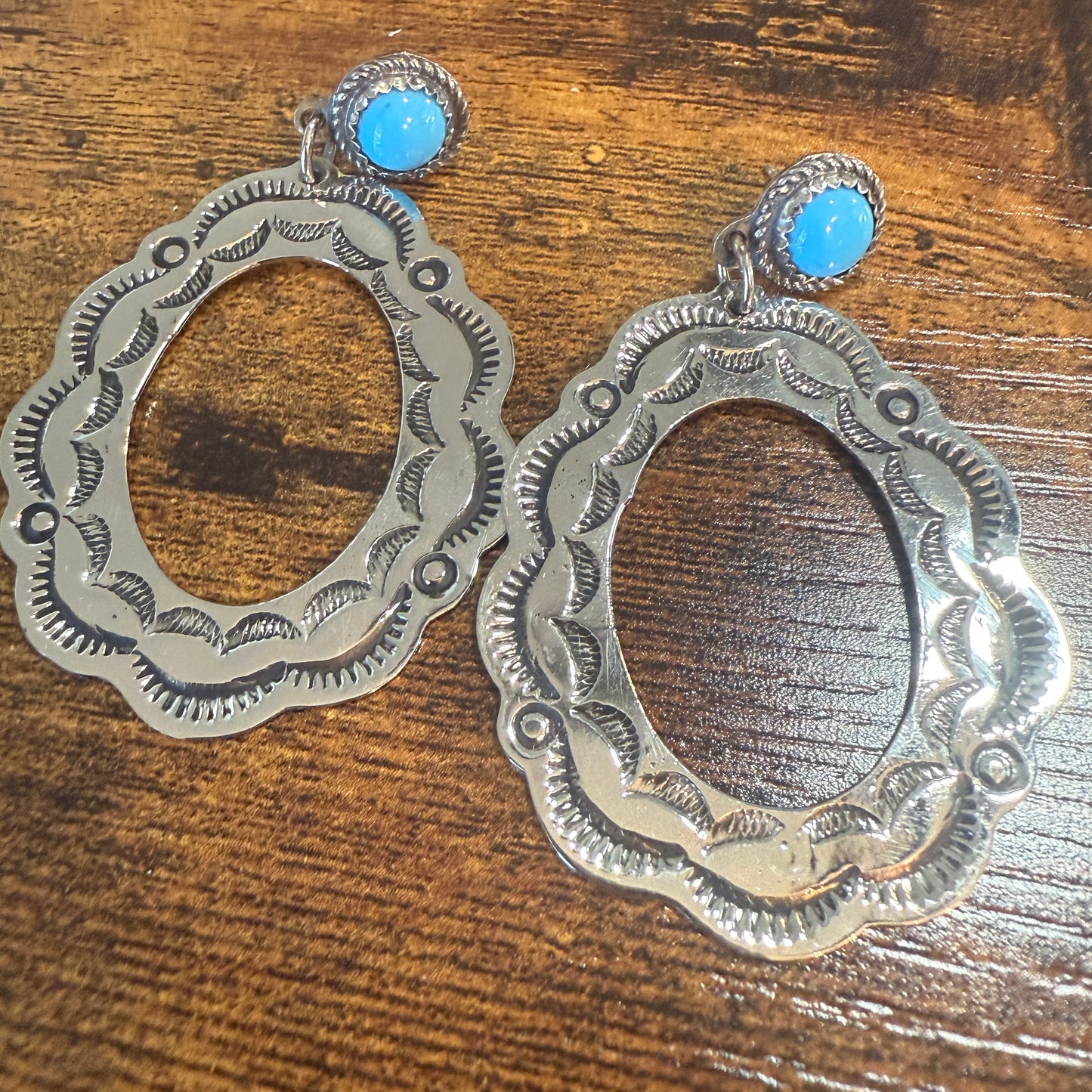 Navajo Turquoise Dangle Earring Signed By Cleveland Nickel Silver