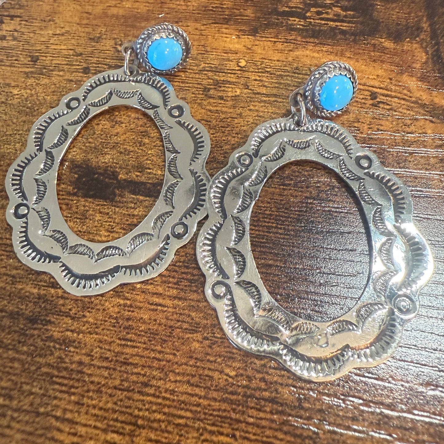 Navajo Turquoise Dangle Earring Signed By Cleveland Nickel Silver