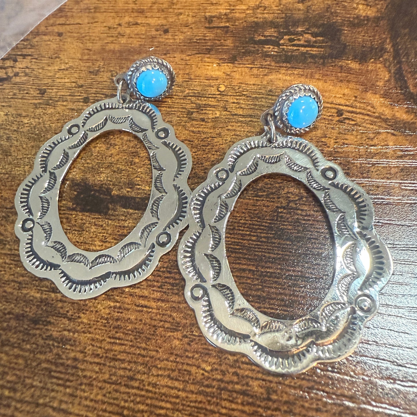 Navajo Turquoise Dangle Earring Signed By Cleveland Nickel Silver