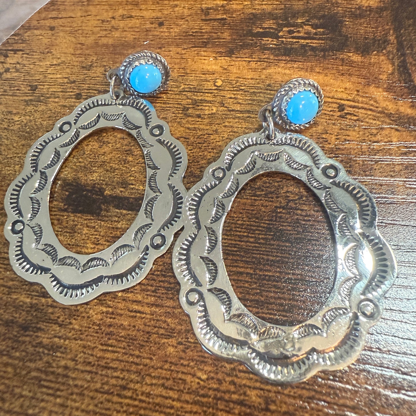 Navajo Turquoise Dangle Earring Signed By Cleveland Nickel Silver