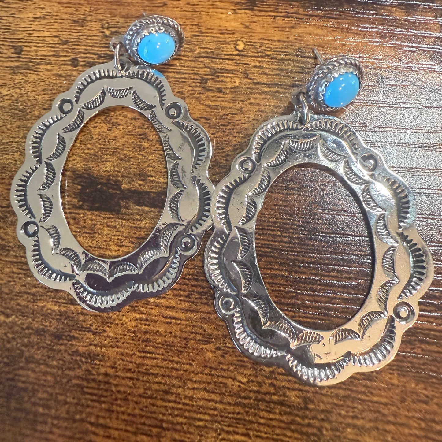 Navajo Turquoise Dangle Earring Signed By Cleveland Nickel Silver