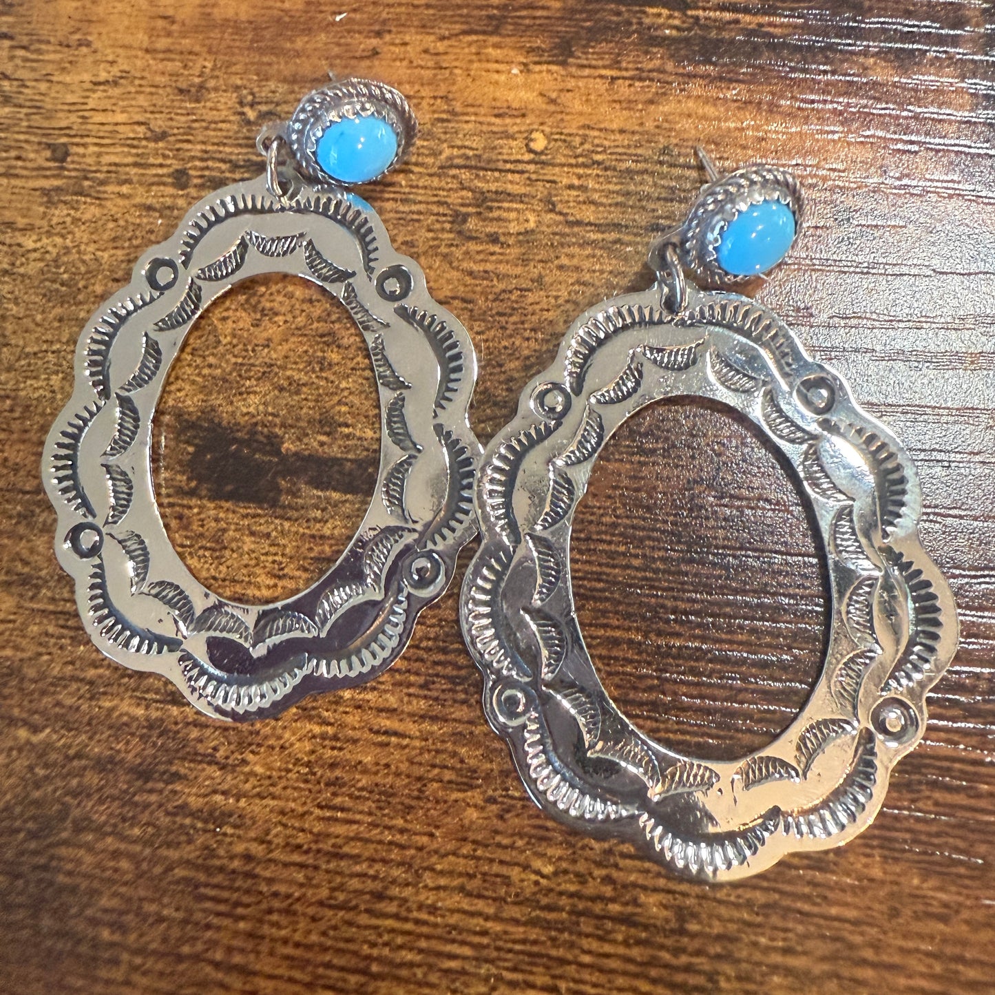 Navajo Turquoise Dangle Earring Signed By Cleveland Nickel Silver