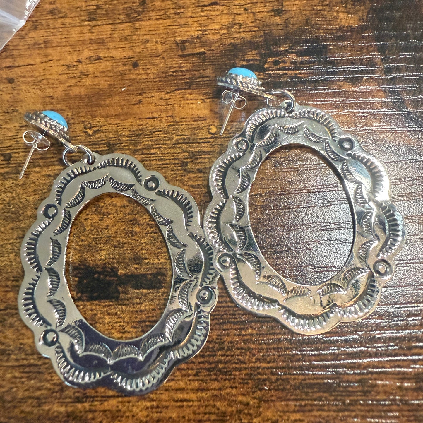 Navajo Turquoise Dangle Earring Signed By Cleveland Nickel Silver