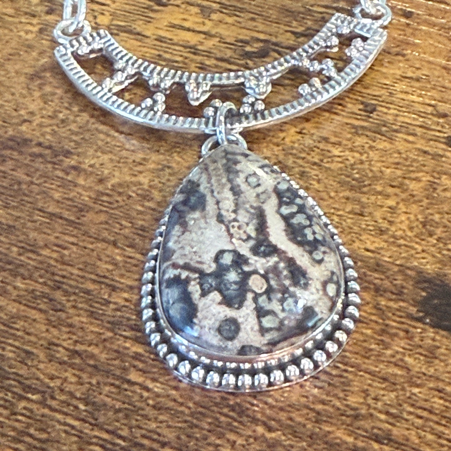 Leopard Skin Jasper Gemstone Ethnic Chain Necklace Sterling Silver 18 Inch