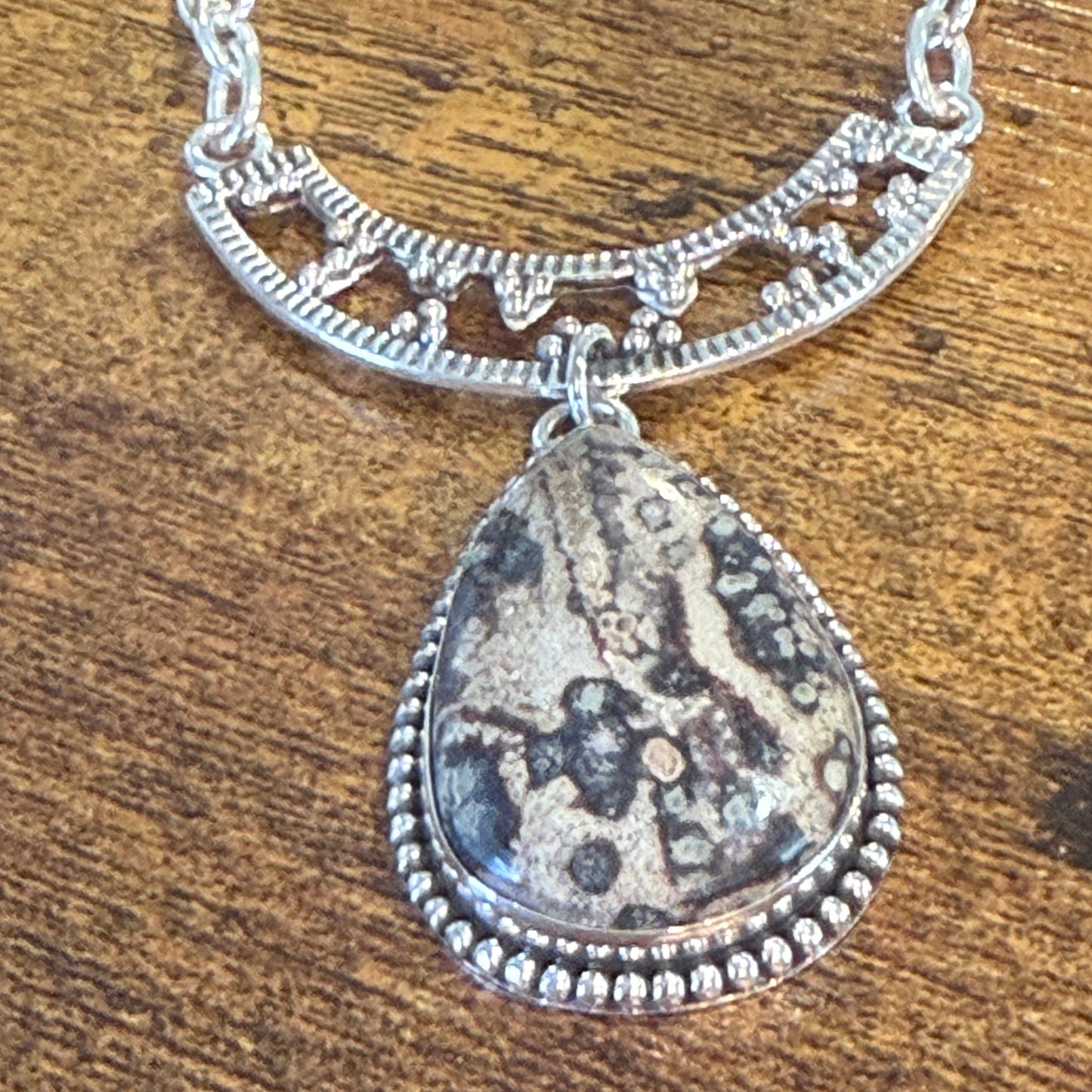 Leopard Skin Jasper Gemstone Ethnic Chain Necklace Sterling Silver 18 Inch