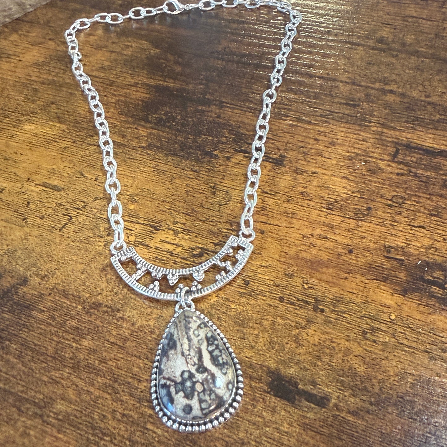 Leopard Skin Jasper Gemstone Ethnic Chain Necklace Sterling Silver 18 Inch