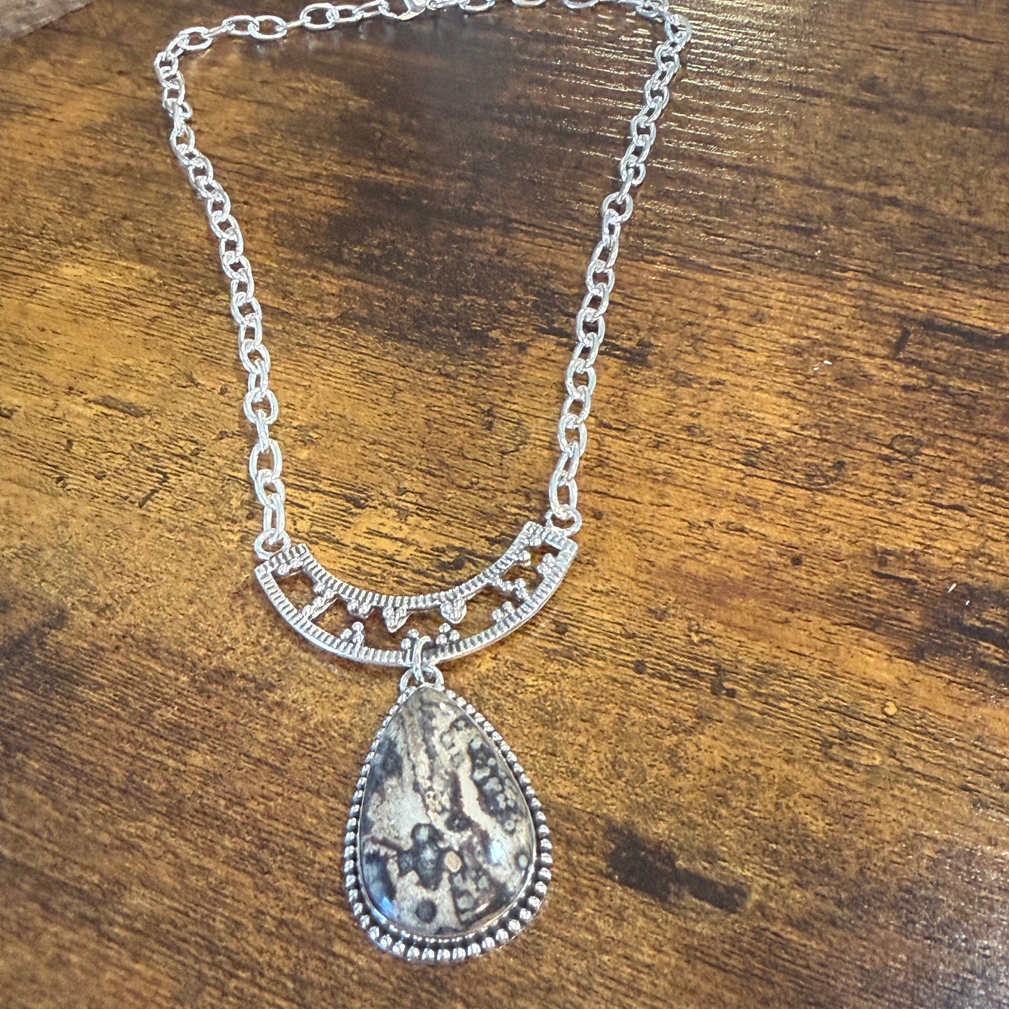 Leopard Skin Jasper Gemstone Ethnic Chain Necklace Sterling Silver 18 Inch