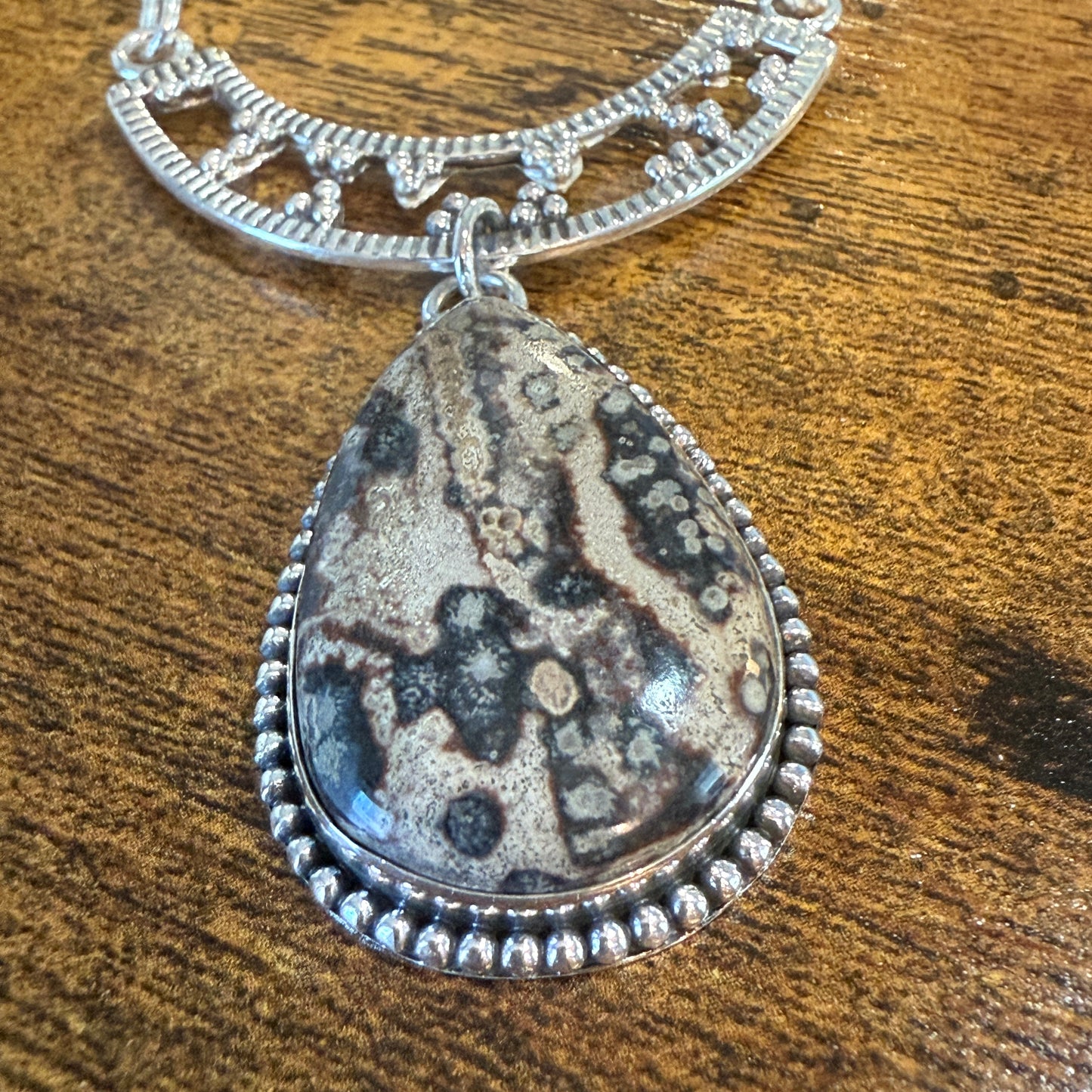 Leopard Skin Jasper Gemstone Ethnic Chain Necklace Sterling Silver 18 Inch