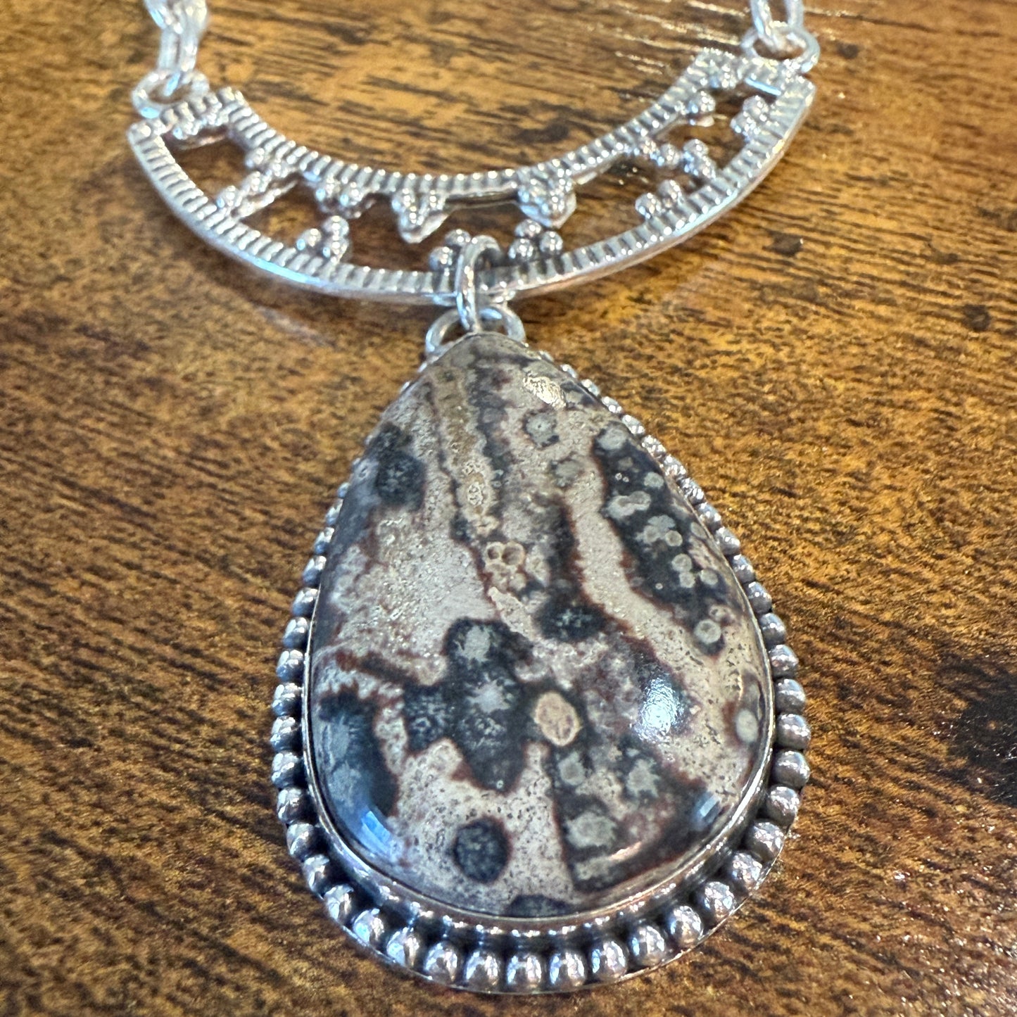 Leopard Skin Jasper Gemstone Ethnic Chain Necklace Sterling Silver 18 Inch