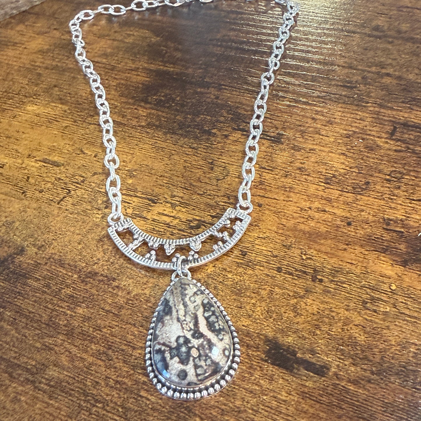 Leopard Skin Jasper Gemstone Ethnic Chain Necklace Sterling Silver 18 Inch