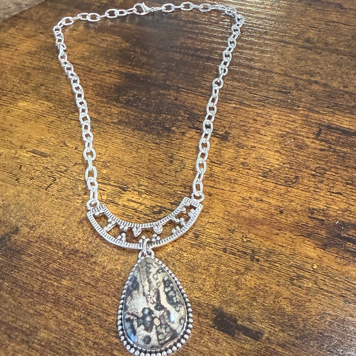 Leopard Skin Jasper Gemstone Ethnic Chain Necklace Sterling Silver 18 Inch