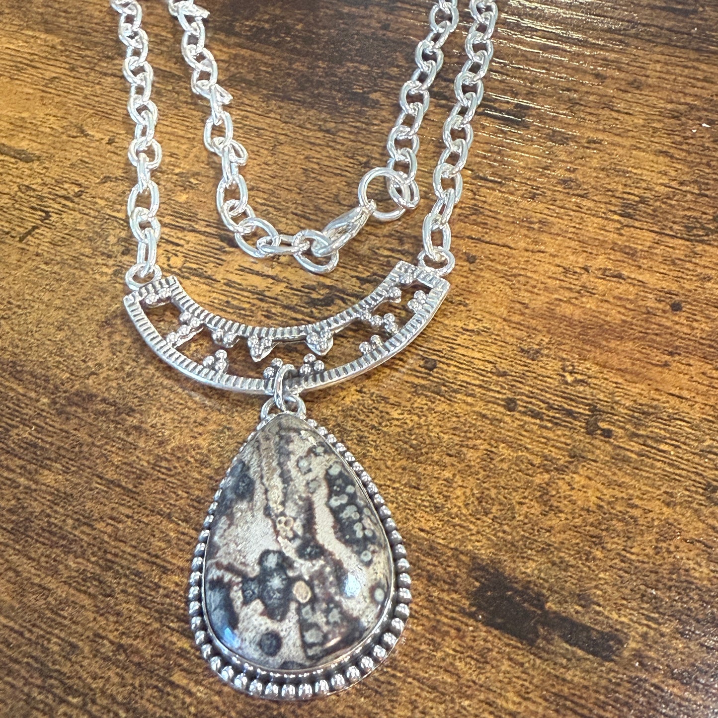 Leopard Skin Jasper Gemstone Ethnic Chain Necklace Sterling Silver 18 Inch