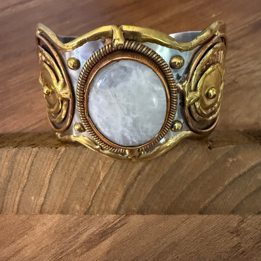 White Moonstone Wide Cuff Bracelet With Mixed Metals