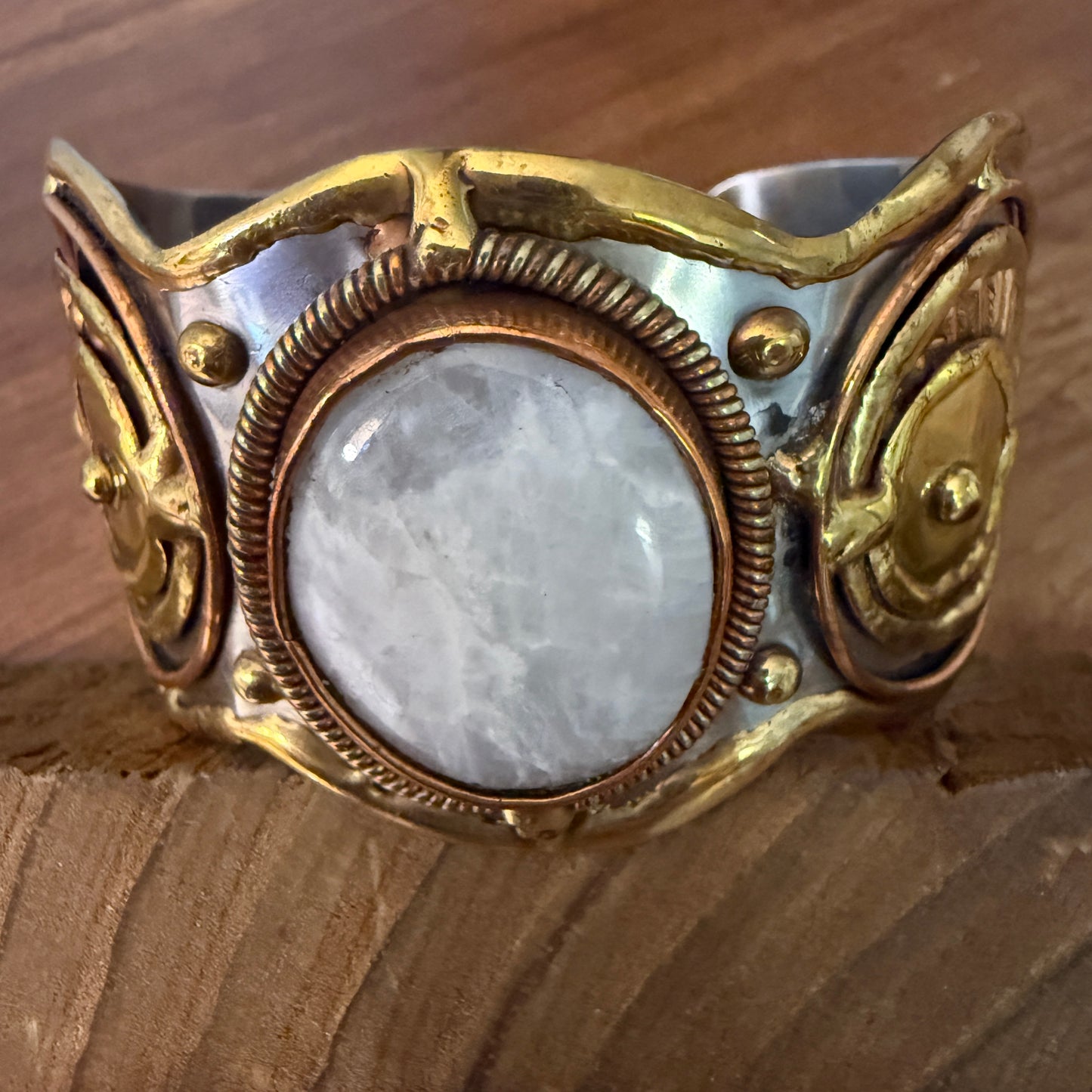 White Moonstone Wide Cuff Bracelet With Mixed Metals