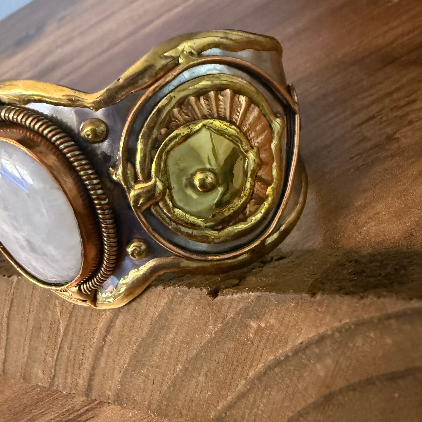 White Moonstone Wide Cuff Bracelet With Mixed Metals