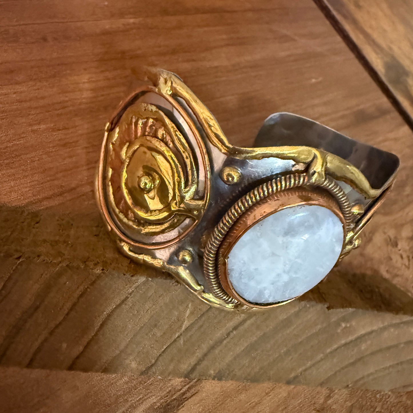 White Moonstone Wide Cuff Bracelet With Mixed Metals
