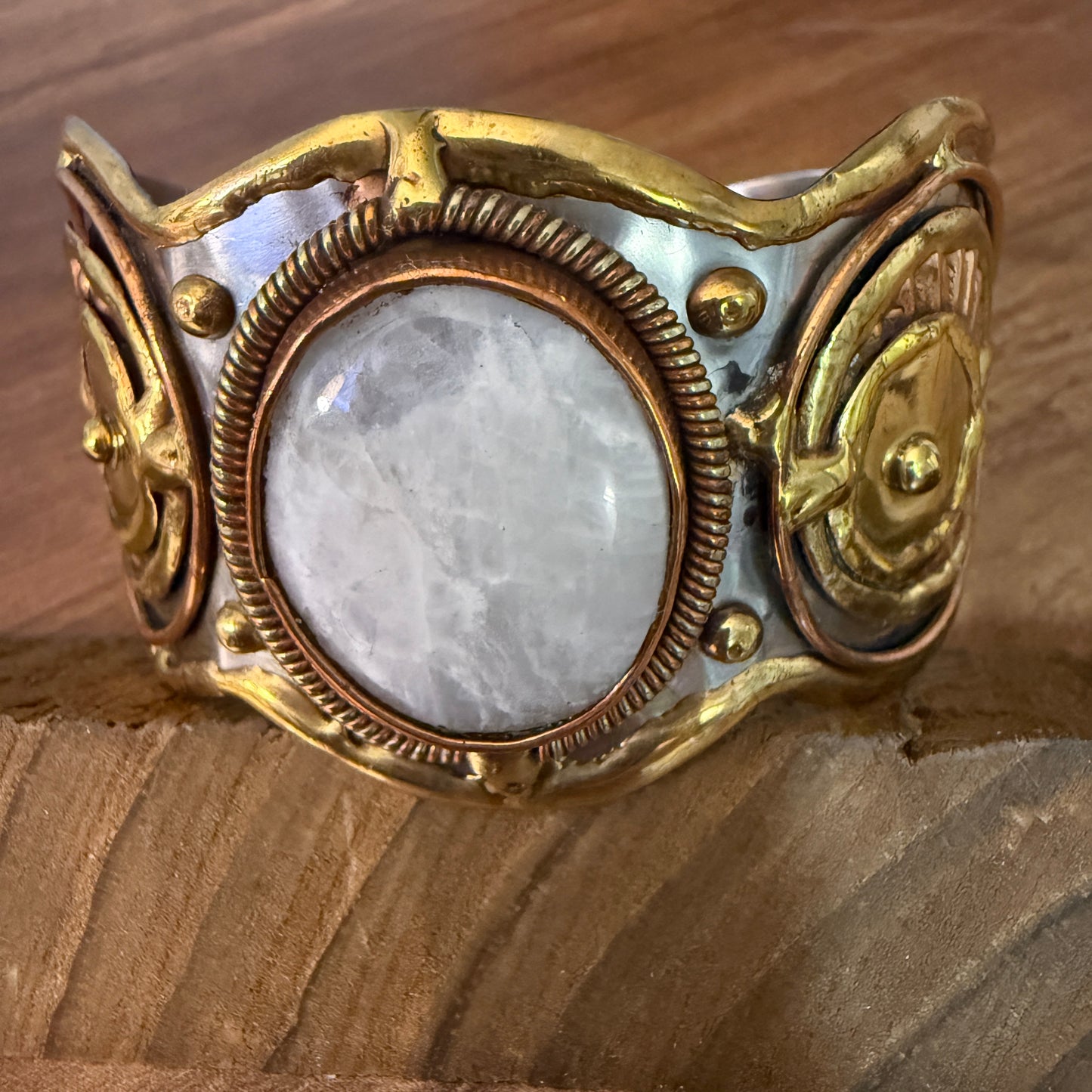 White Moonstone Wide Cuff Bracelet With Mixed Metals