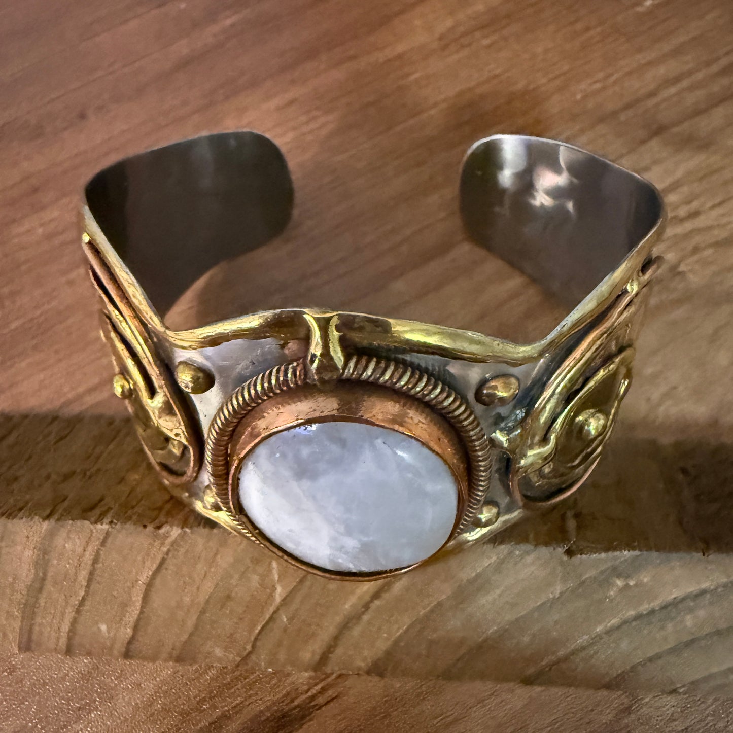 White Moonstone Wide Cuff Bracelet With Mixed Metals