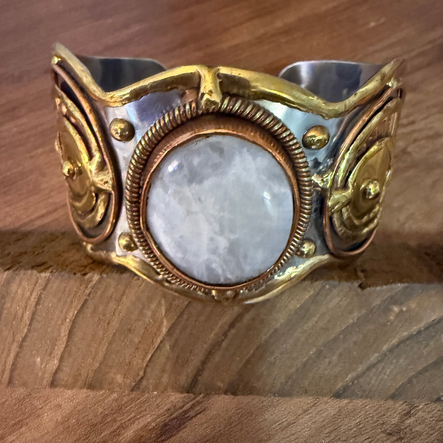 White Moonstone Wide Cuff Bracelet With Mixed Metals