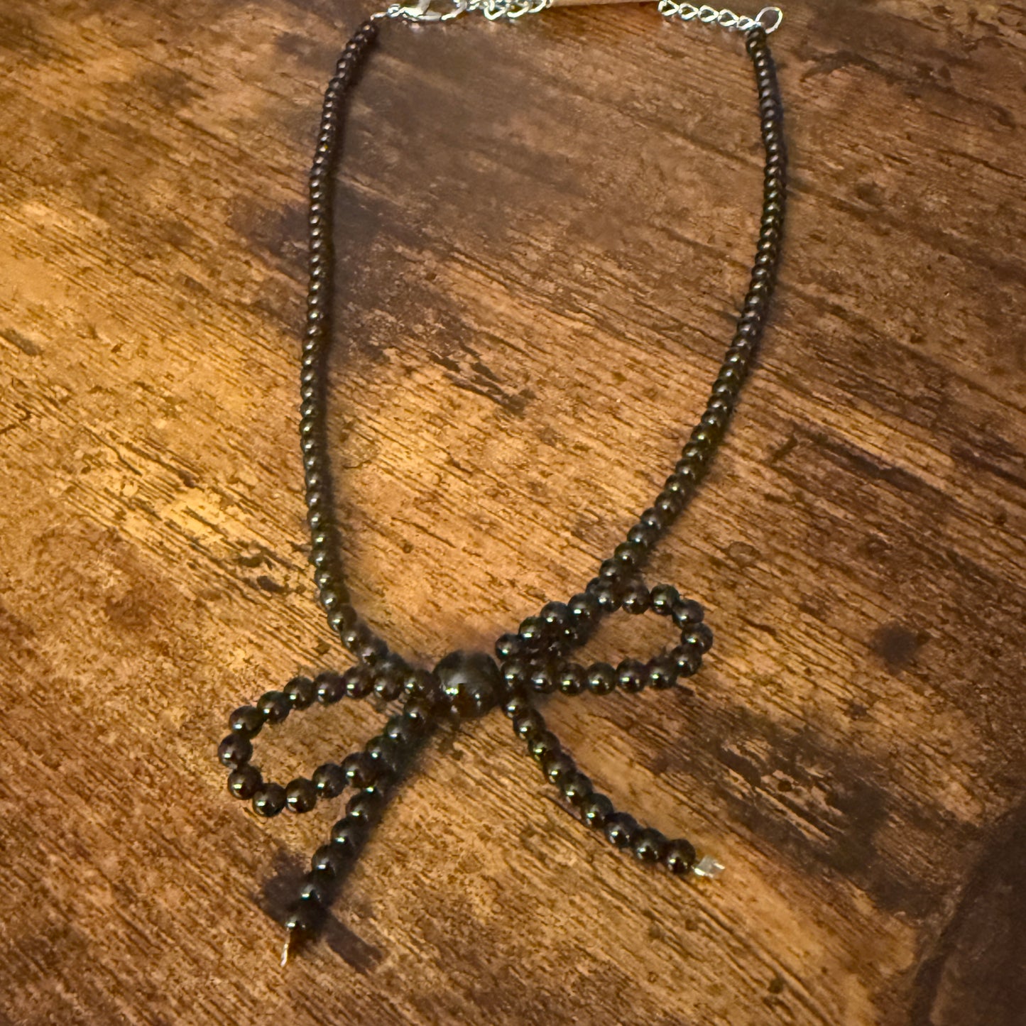 Black Bead Bow Necklace Mixed Metals Elegant Jewelry for Women