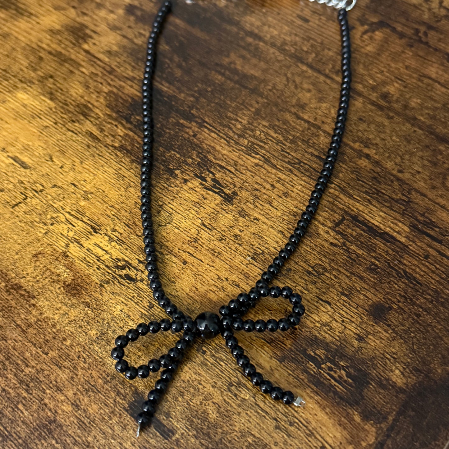 Black Bead Bow Necklace Mixed Metals Elegant Jewelry for Women