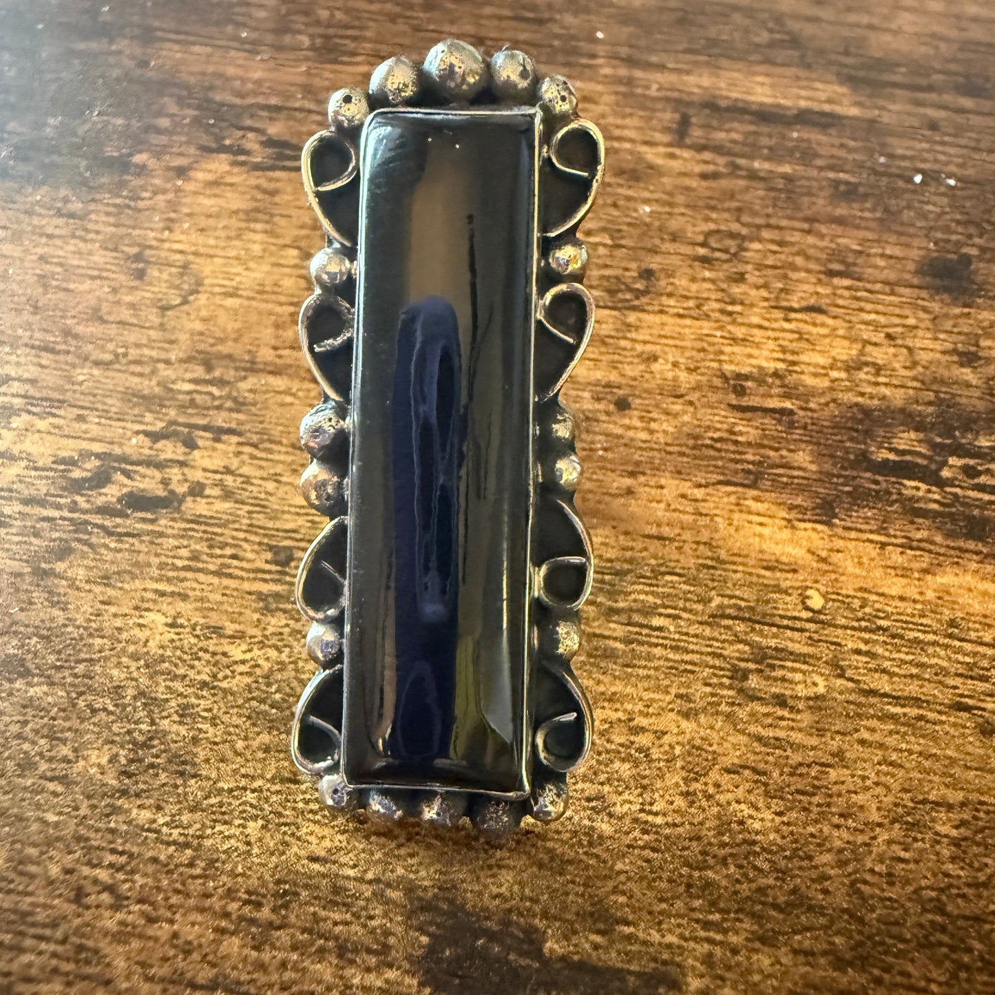 Native American Black Onyx Sterling Silver Cuff Ring Size 9.5, Artist Cleveland