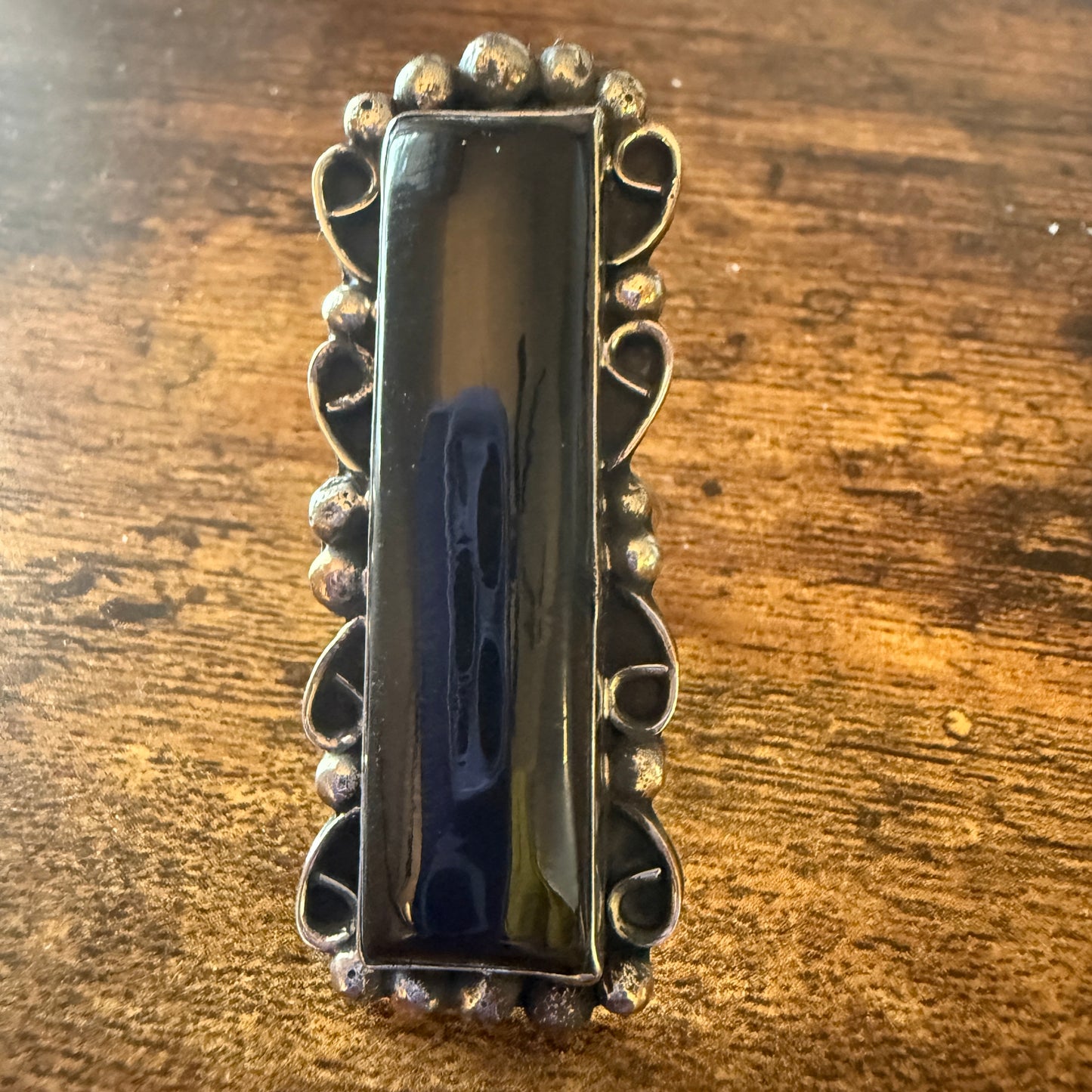 Native American Black Onyx Sterling Silver Cuff Ring Size 9.5, Artist Cleveland